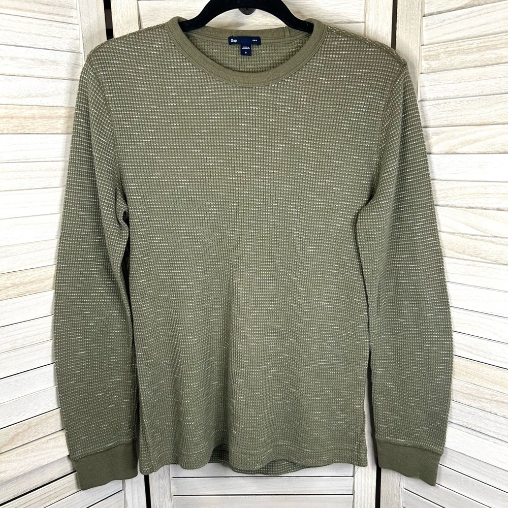 Gap Men’s Olive Green and Speckled White Cotton Waffle Long Sleeve Shirt Small - Picture 3 of 8